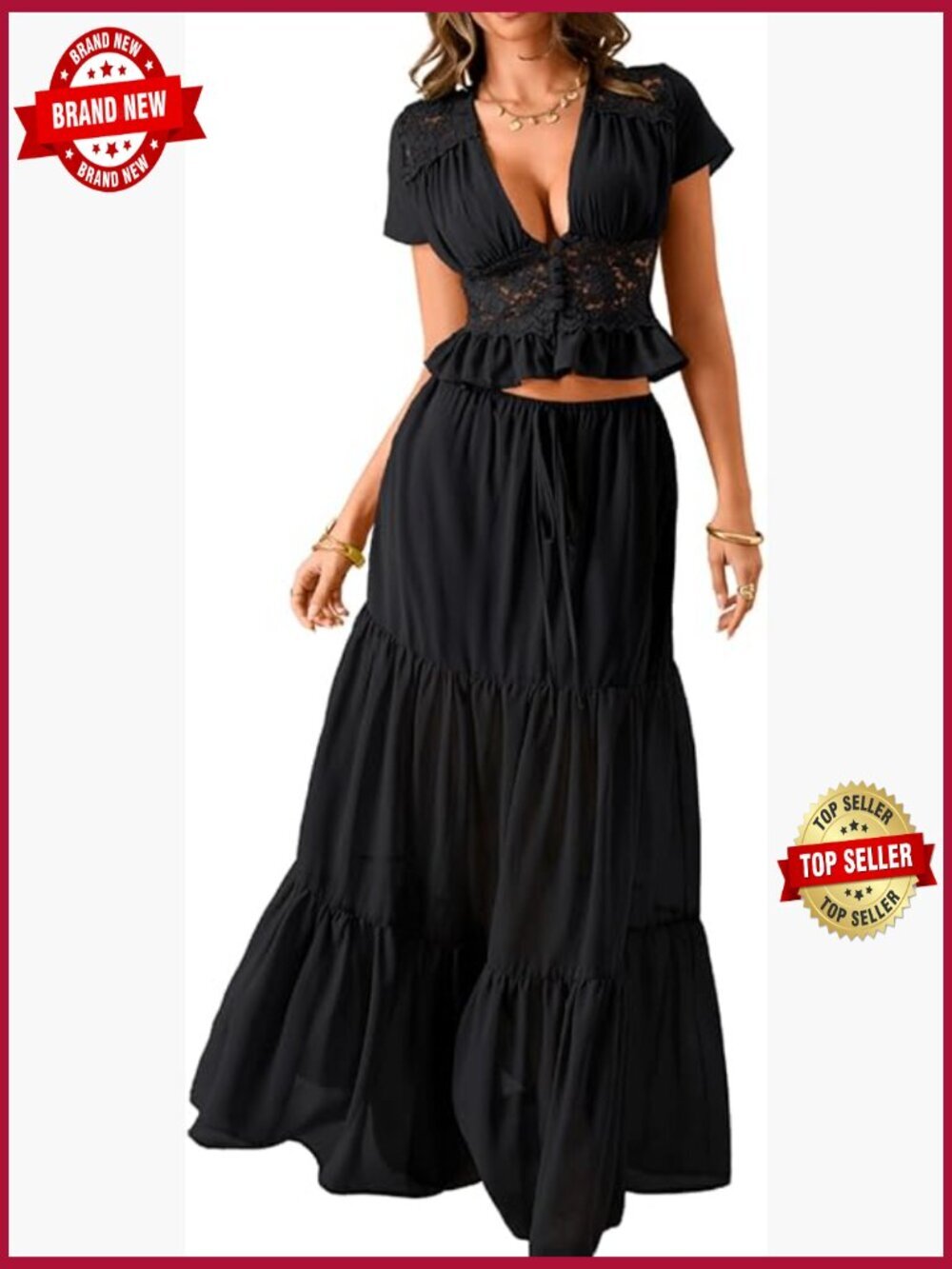 Women's Chiffon 2 Piece Skirt Set Crop Top Maxi Skirt Summer Beach Outfit